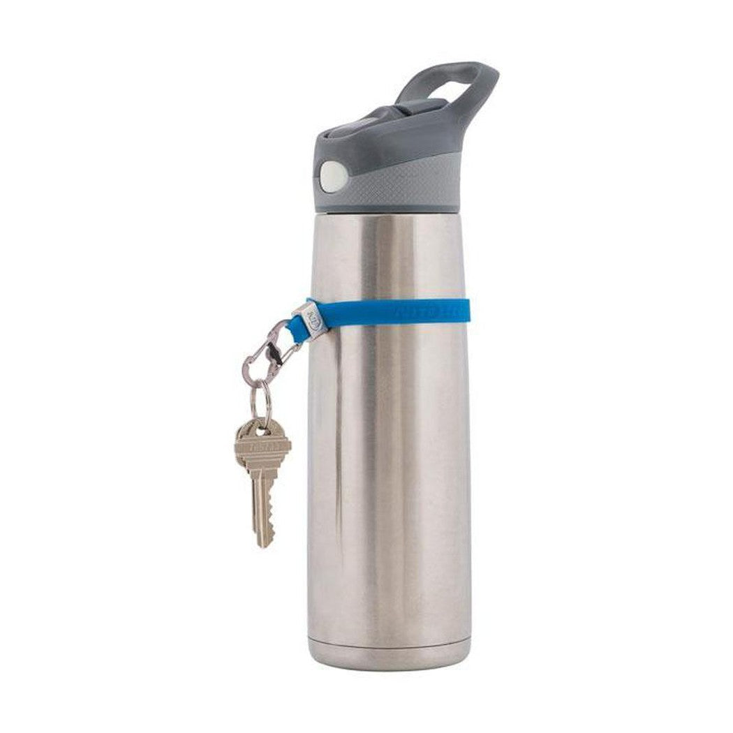 A side view of the Nite Ize Cinch-A-Lot Stretch Strap in Blue with a key attached, shown against a white background.