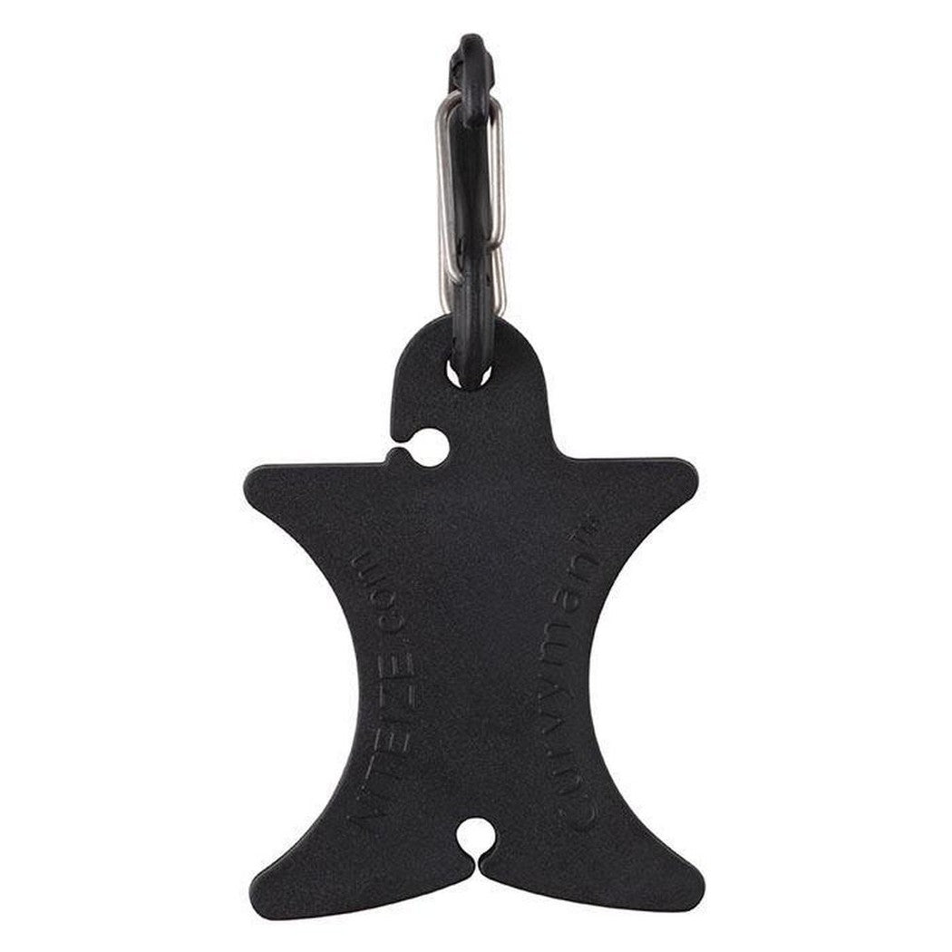 A black Nite Ize Curvyman Cord Supervisor with a carabiner clip, showing its shape and two holes, against a white background.