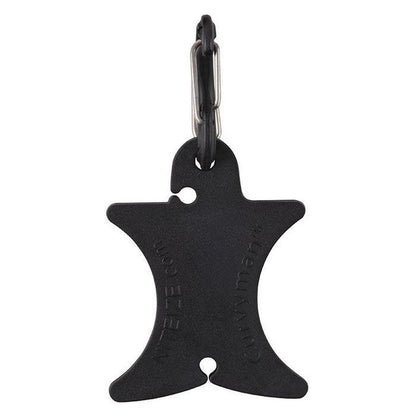 A black Nite Ize Curvyman Cord Supervisor with a carabiner clip, showing its shape and two holes, against a white background.