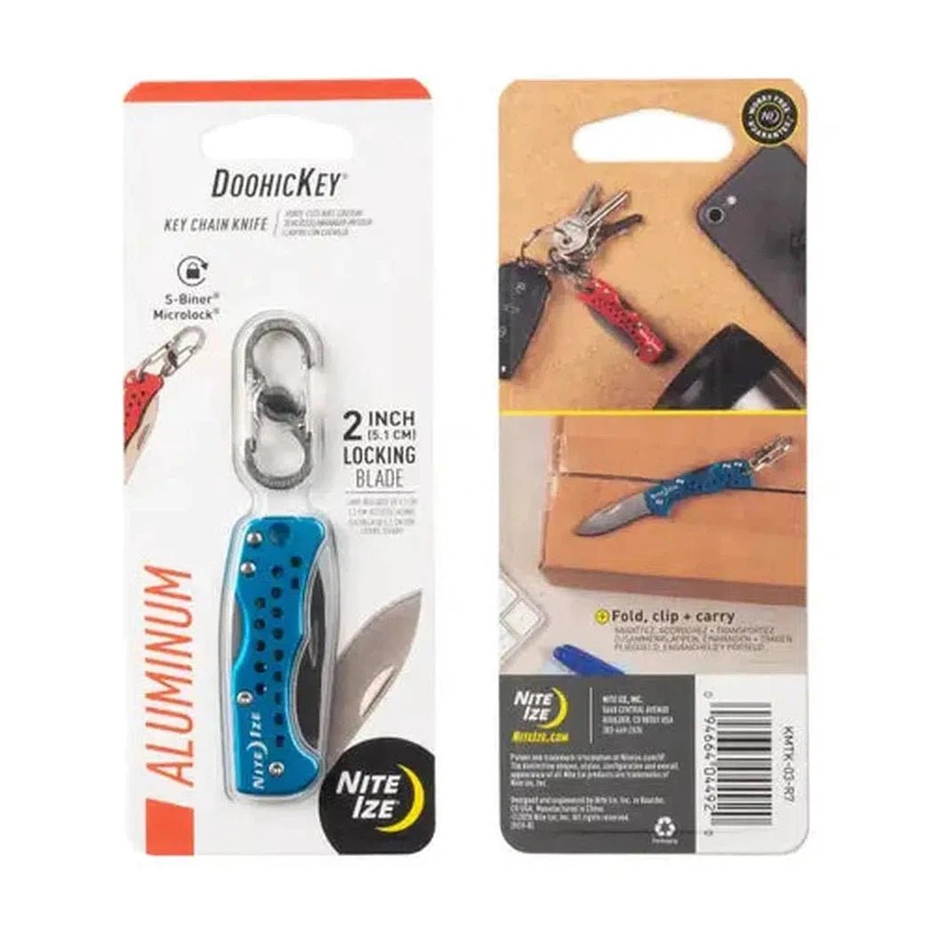 Back of the Nite Ize DoohicKey Chain Knife package showing the blue aluminum knife and fold clip carry feature.
