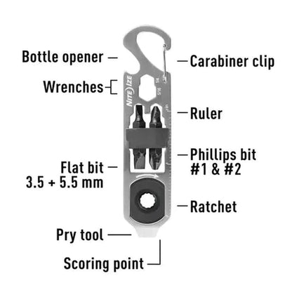 A top-down view of the Nite Ize DoohicKey Ratch Key Tool showing its carabiner clip and various tools against a white background.