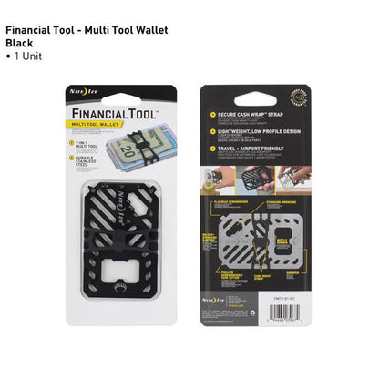Front and back packaging of the Nite Ize Financial Tool - Multi Tool Wallet in Black, showing features like the secure cash wrap strap and low profile design.
