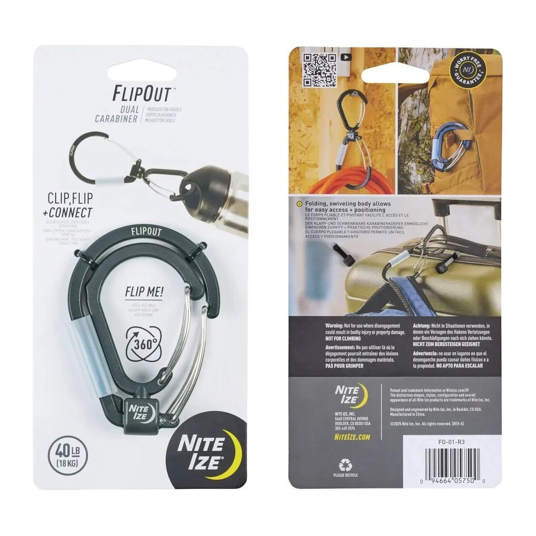 Back and front packaging of the black Nite Ize FlipOut Dual Carabiner showing its clip, flip, connect feature and use on a backpack.