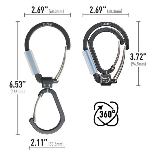 Side view of the Nite Ize FlipOut Dual Carabiner showing the 360° rotation feature and black color against a white background.
