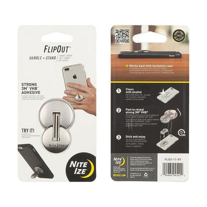 Back of Nite Ize FlipOut Handle + Stand phone accessory package showing instructions and barcode.
