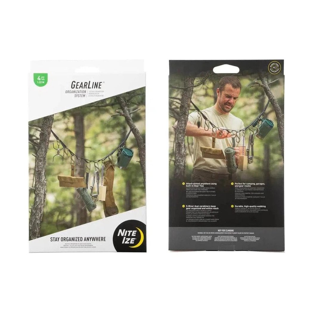 Back and front packaging of the Nite Ize GearLine Organization System showing a man using it in a forest background.