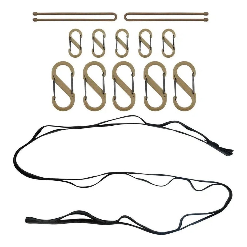 A photo of the Nite Ize GearLine Organization System in Tactical color shows various carabiners, hooks, and a black strap against a white background.