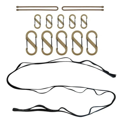 A photo of the Nite Ize GearLine Organization System in Tactical color shows various carabiners, hooks, and a black strap against a white background.