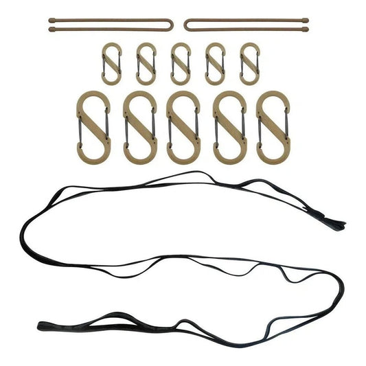 A photo of the Nite Ize GearLine Organization System in Tactical color shows various carabiners, hooks, and a black strap against a white background.