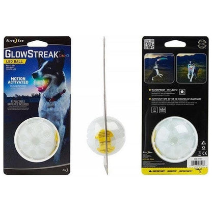Front and back packaging of the Nite Ize Glowstreak Led Ball with a side view of the white and yellow ball in the center.