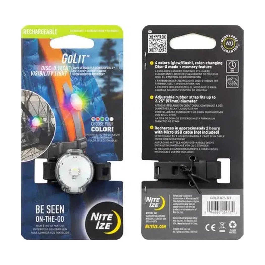 Back and front packaging of the Nite Ize GoLit Rechargeable Visibility Light showing product details and a bike wheel with the light attached.