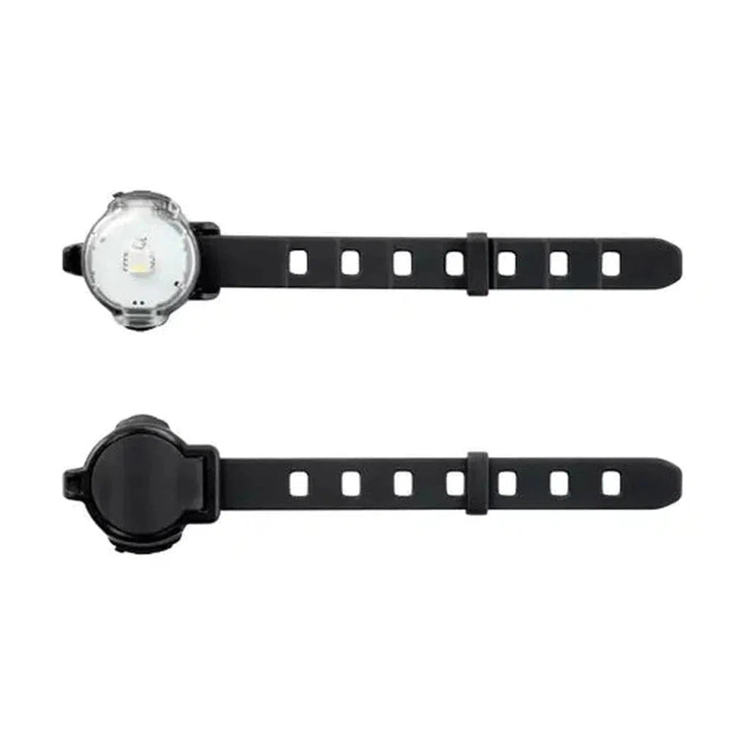Two views of the Nite Ize GoLit Rechargeable Visibility Light - Disc-O Tech with a black strap and white LED face, shown against a white background.