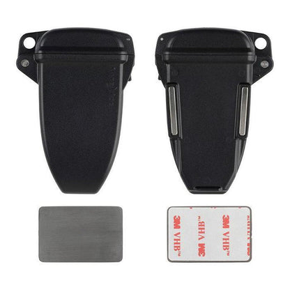 Two black Nite Ize HideOut Magnetic Key Boxes with metal strips, a gray magnet, and 3M adhesive on a white background.