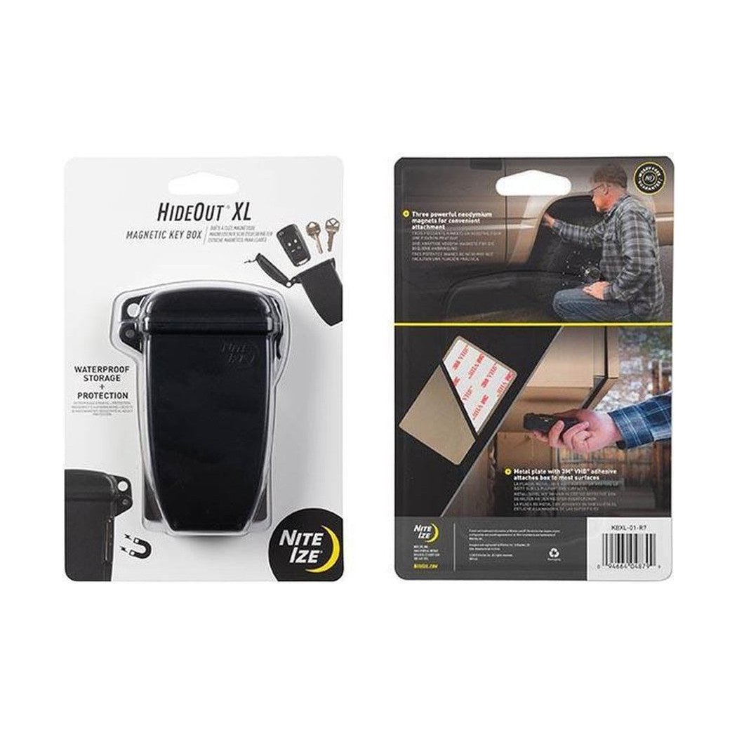 Front and back packaging of the Nite Ize HideOut XL Magnetic Key Box showing waterproof protection and a man using it in a car.