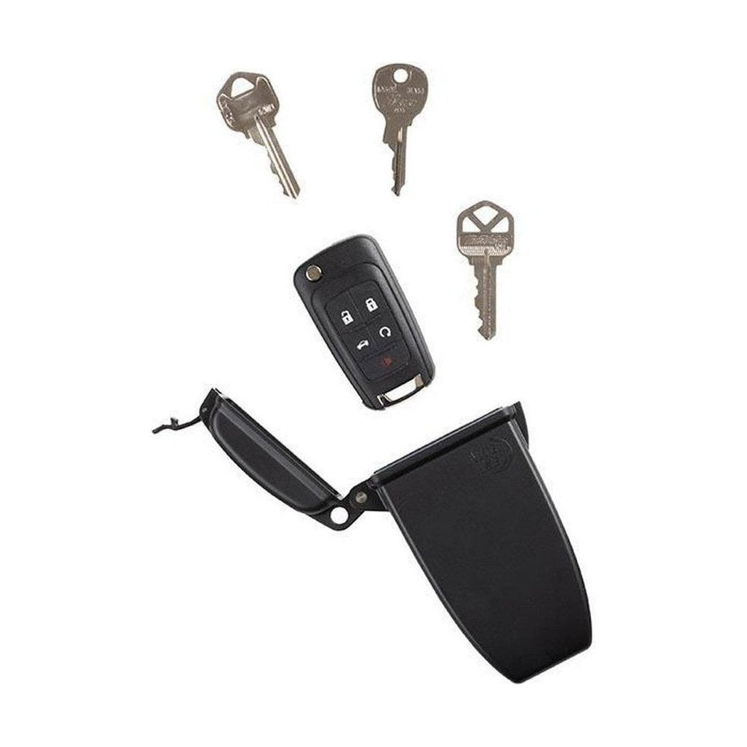 A top-down view of the Nite Ize HideOut XL Magnetic Key Box in Charcoal/Graphite showing the magnetic closure and three keys on a white background.