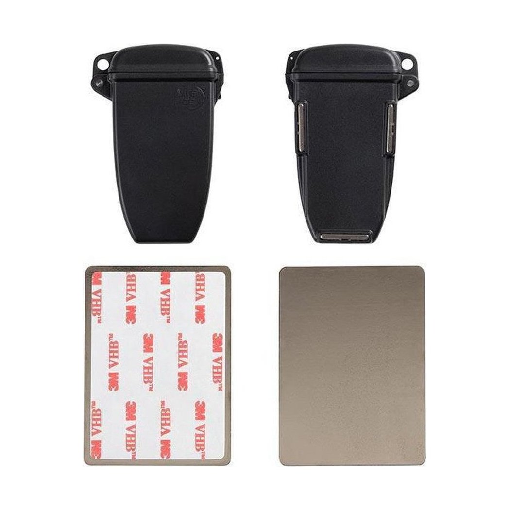 Two black Nite Ize HideOut XL Magnetic Key Boxes with 3M adhesive and a metal plate are shown against a white background.