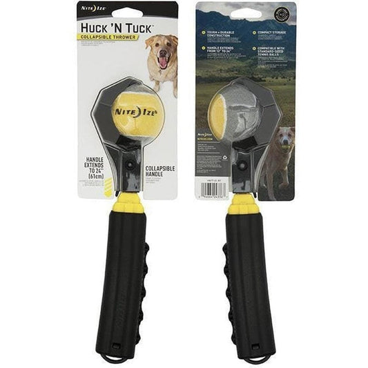 Front and back packaging of the Nite Ize Huck 'n Tuck Collapsible Thrower showing the yellow and black handle and a dog on the front.