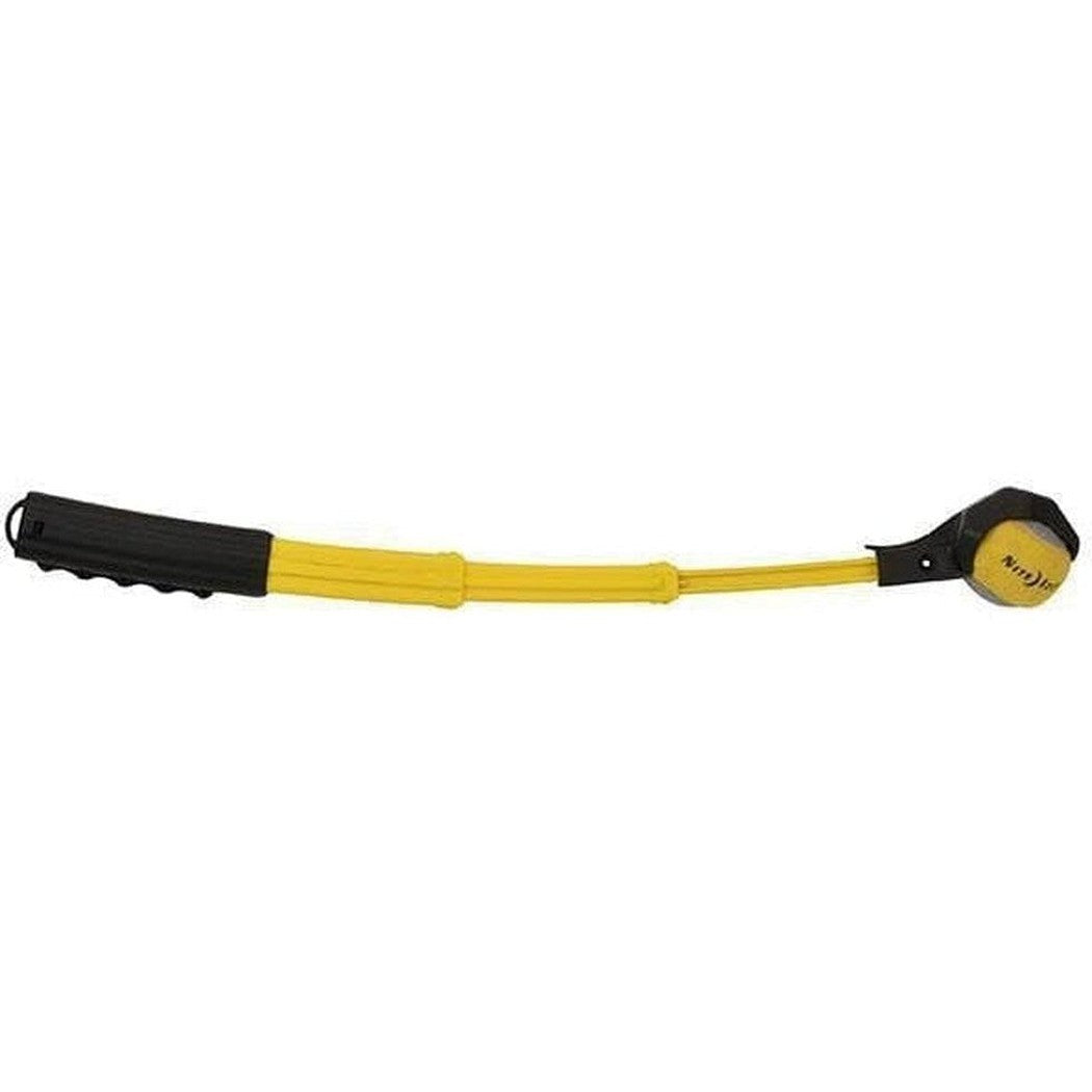 A yellow and black Nite Ize Huck 'n Tuck Collapsible Thrower shown from a side angle against a white background.