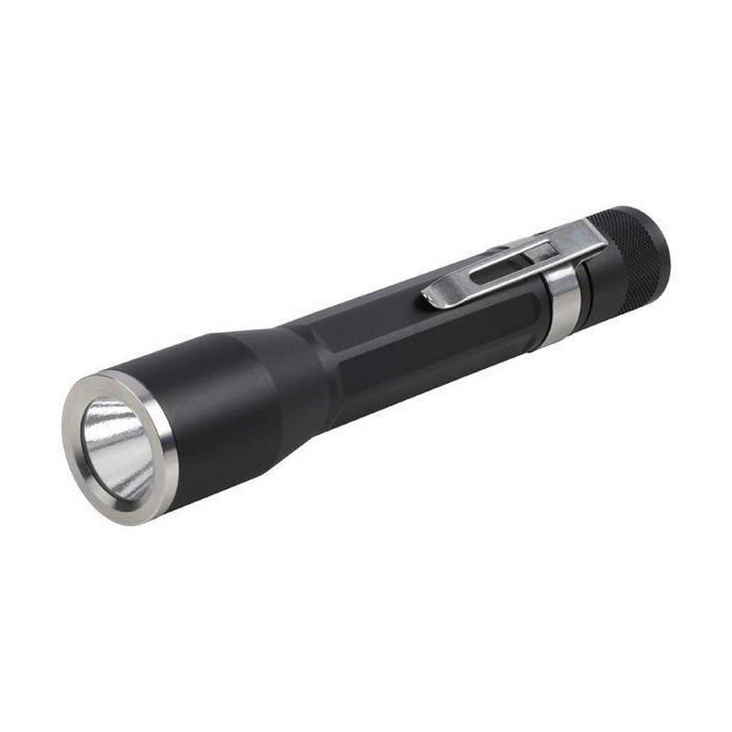 A side view of the Nite Ize Inova X2 LED Flashlight with a clip and a black body against a white background.