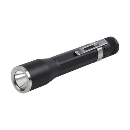 A side view of the Nite Ize Inova X2 LED Flashlight with a clip and a black body against a white background.