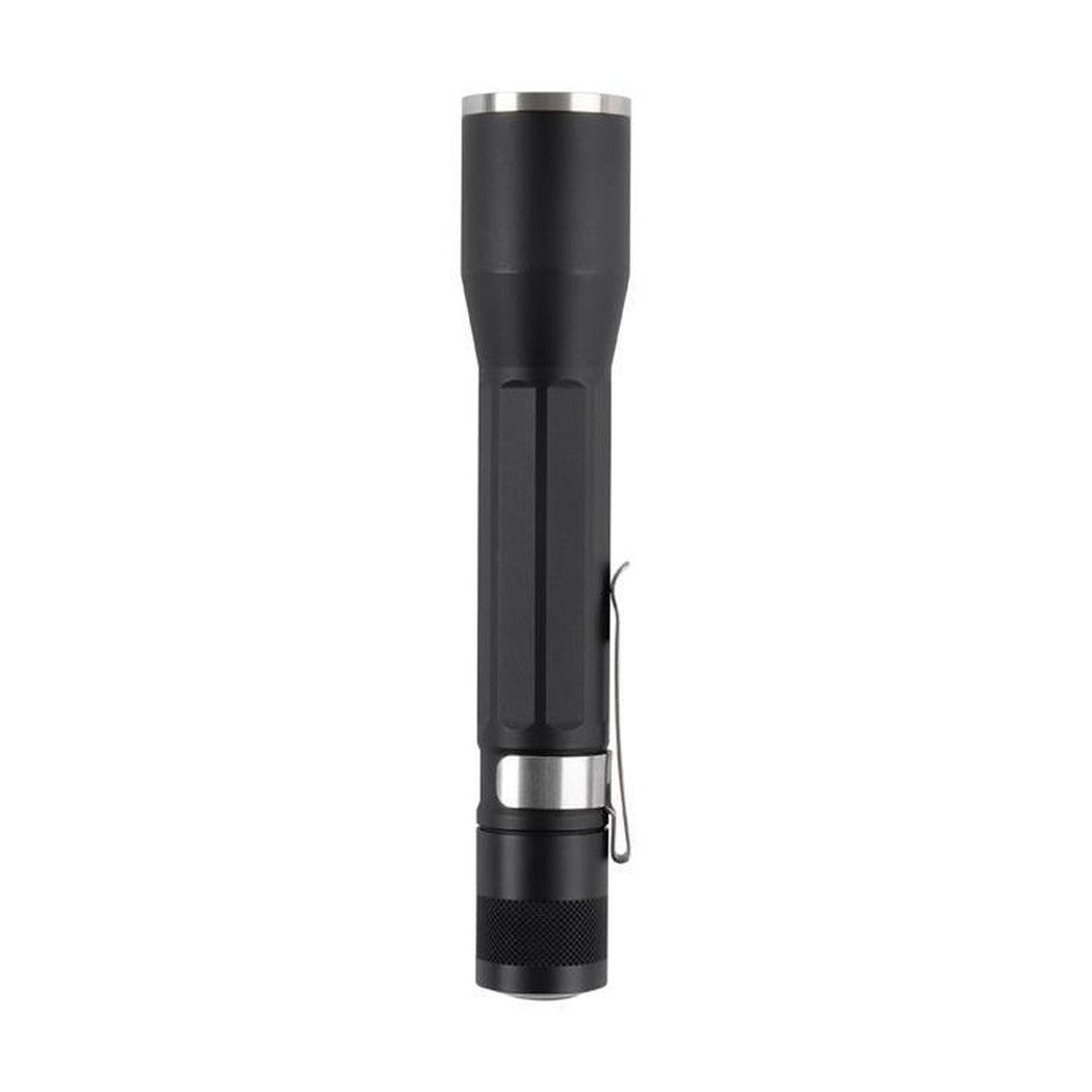 A front view of the Nite Ize Inova X2 LED Flashlight with a metal clip and textured bottom against a white background.
