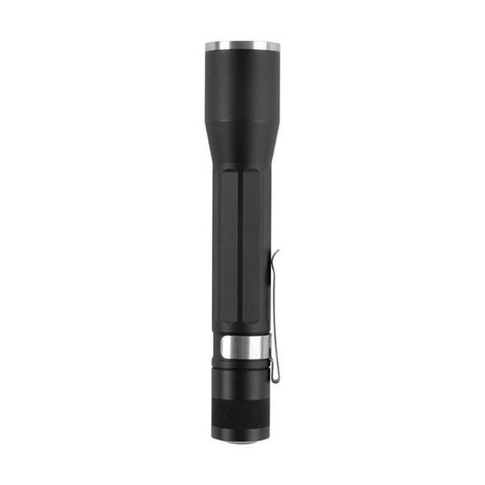 A front view of the Nite Ize Inova X2 LED Flashlight with a metal clip and textured bottom against a white background.