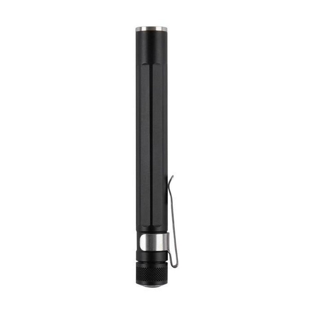 A black Nite Ize Inova XP LED pen light with a clip, shown from the front against a white background.