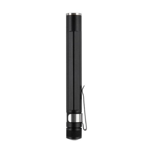A black Nite Ize Inova XP LED pen light with a clip, shown from the front against a white background.