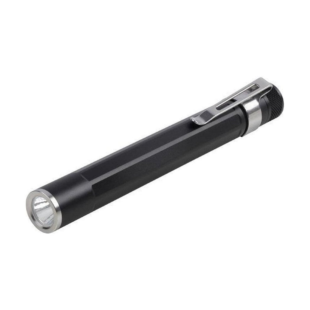 A side view of the Nite Ize Inova XP LED Pen Light with a metal clip and a clear lens against a white background.