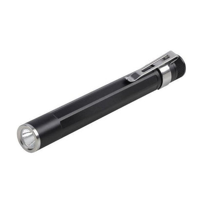 A side view of the Nite Ize Inova XP LED Pen Light with a metal clip and a clear lens against a white background.