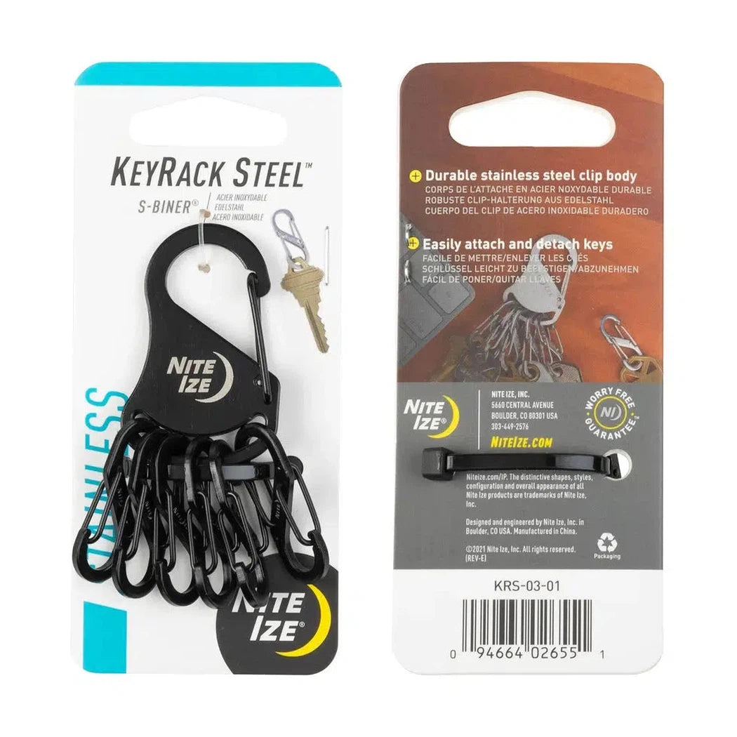 Back of Nite Ize KeyRack Steel S-Binder showing clip body and keys attached, black color.