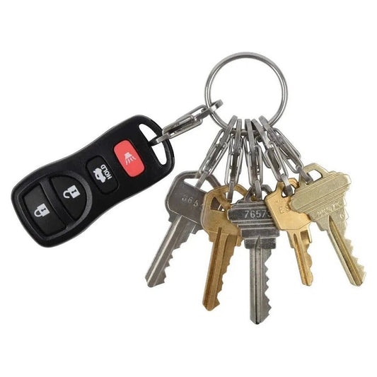 A black Nite Ize KeyRing Locker S-Biner with a car key fob and five keys on a white background.
