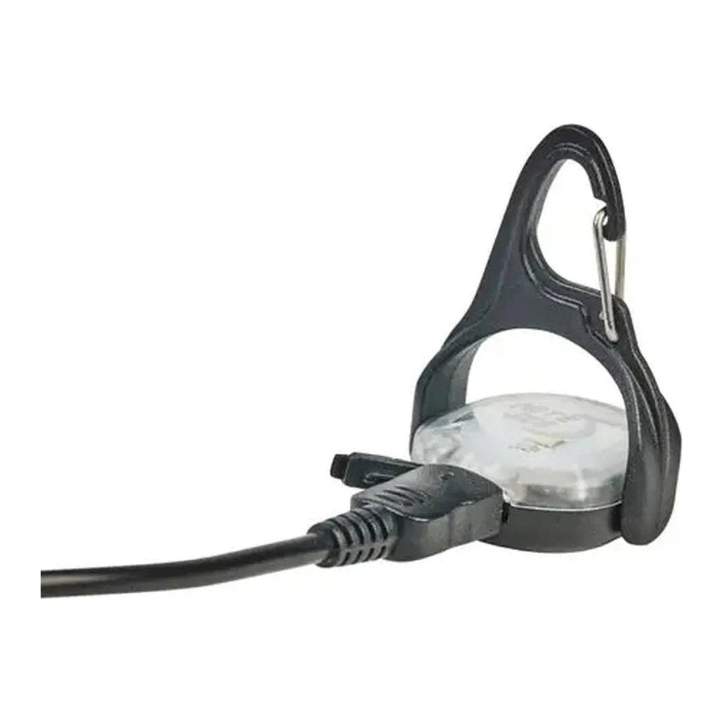 A side view of the Nite Ize MonnLit Micro Lantern in White showing the carabiner clip and power cord against a white background.