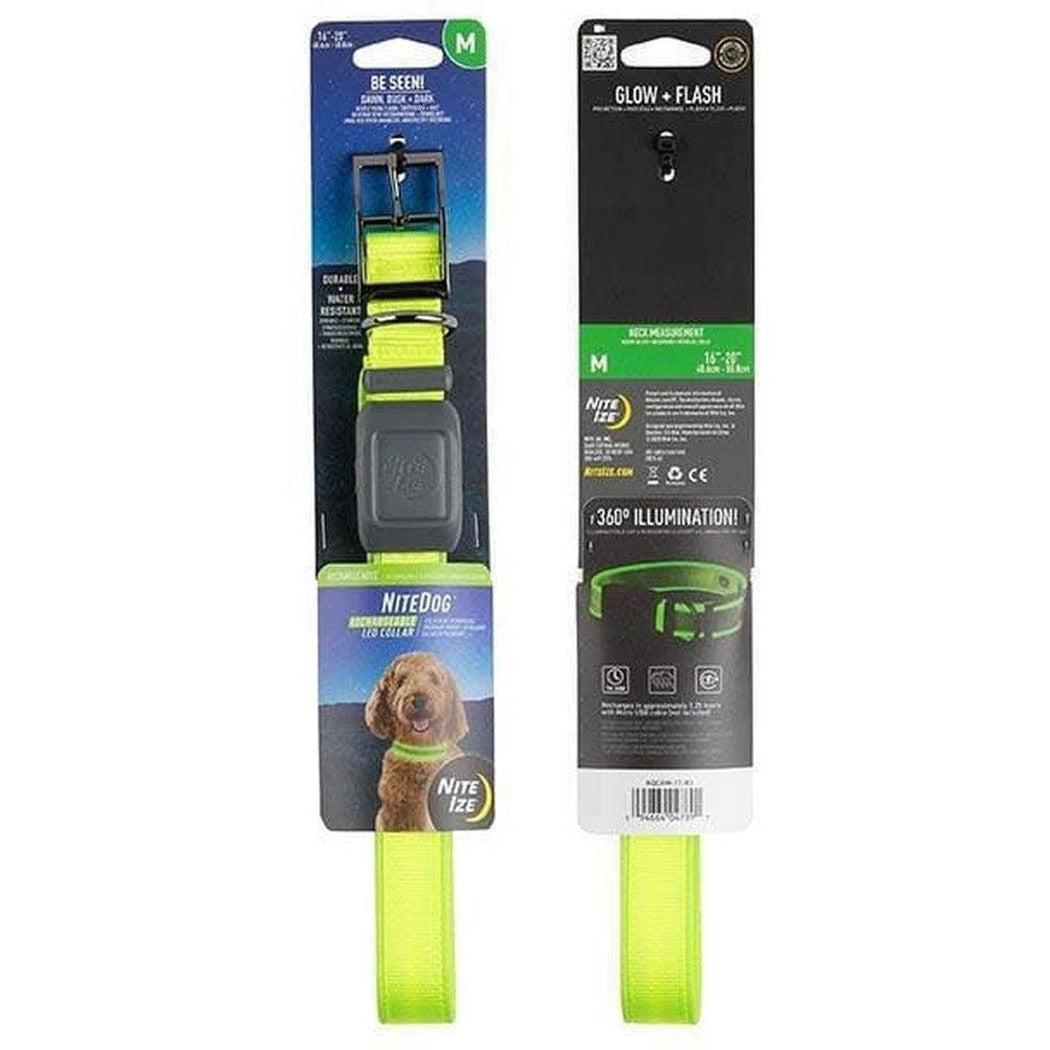 Side view of the Nite Ize Nitedog Rechargeable Led Collar in Blue/Blue LED showing the buckle and a dog model wearing it.