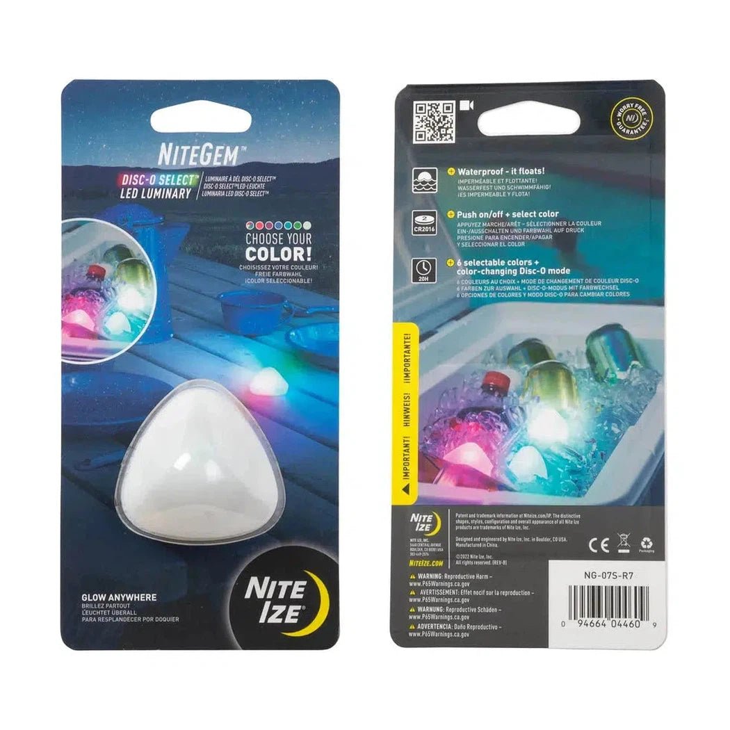 Back and front packaging of the Nite Ize NiteGem LED Luminary - Disc-O Select showing the product and features.