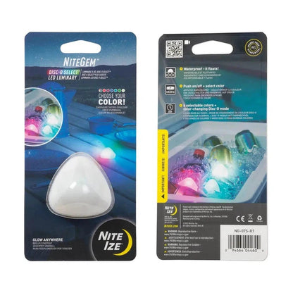 Back and front packaging of the Nite Ize NiteGem LED Luminary - Disc-O Select showing the product and features.