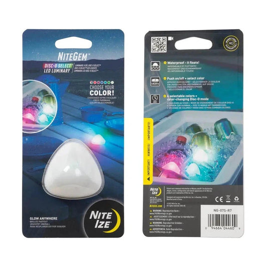 Back and front packaging of the Nite Ize NiteGem LED Luminary - Disc-O Select showing the product and features.