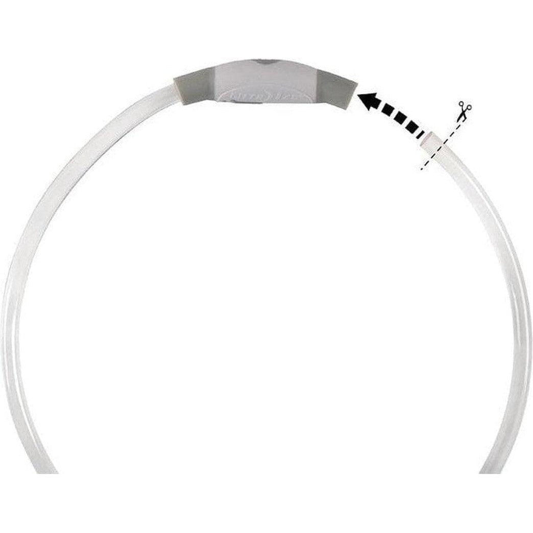 A top-down view of the Nite Ize Nitehowl Led Safety Necklace Rechargeable showing the gray clasp and a dotted line indicating where to cut the cord.
