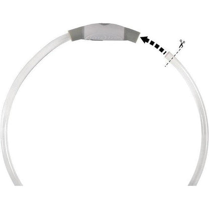 A top-down view of the Nite Ize Nitehowl Led Safety Necklace Rechargeable showing the gray clasp and a dotted line indicating where to cut the cord.