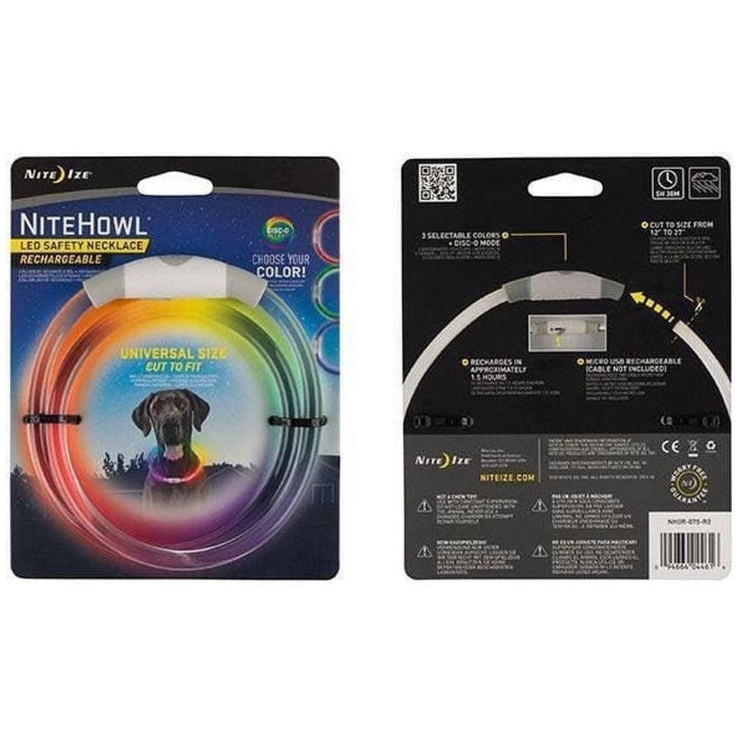 Back and front packaging of the Nite Ize Nitehowl Led Safety Necklace Rechargeable showing the universal size and rechargeable feature.