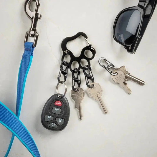 A top-down view of the Nite Ize PawPrint Locker KeyRack with a blue leash and black sunglasses visible on a white background.
