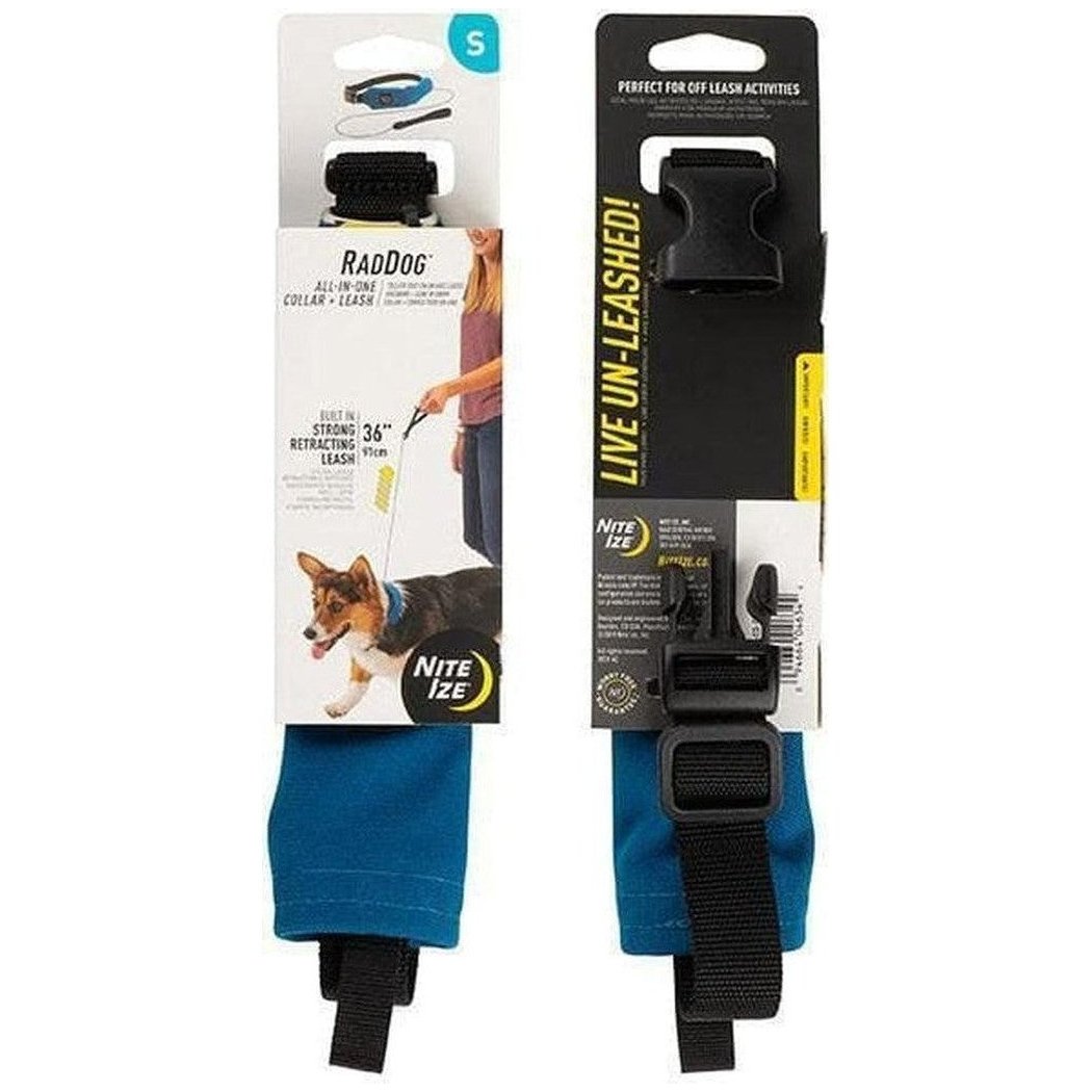 Side view of the Nite Ize Raddog All-in-one Collar + Leash showing the blue leash and black buckle against a white background.