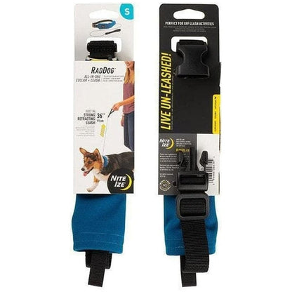 Side view of the Nite Ize Raddog All-in-one Collar + Leash showing the blue leash and black buckle against a white background.