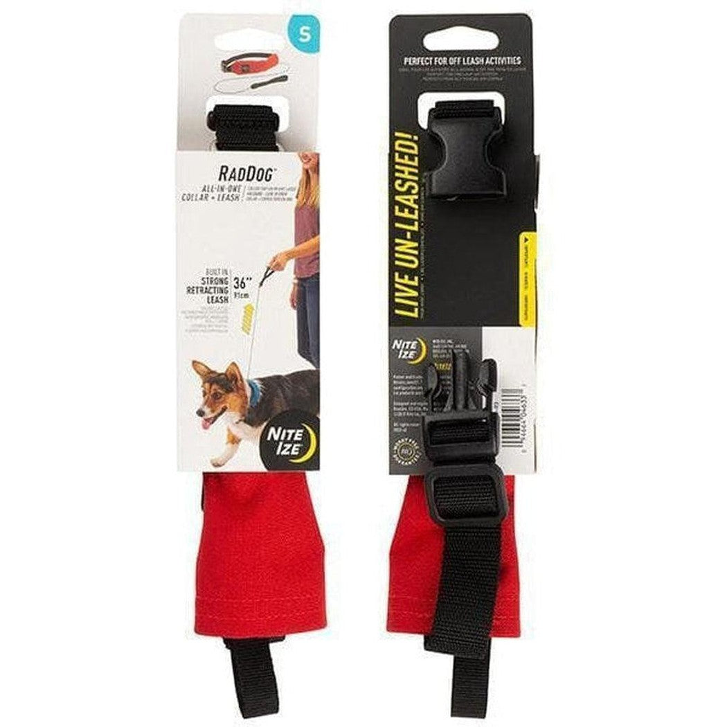 Side view of the Nite Ize Raddog All-in-one Collar + Leash in Red showing the retractable leash and black buckle against a white background.