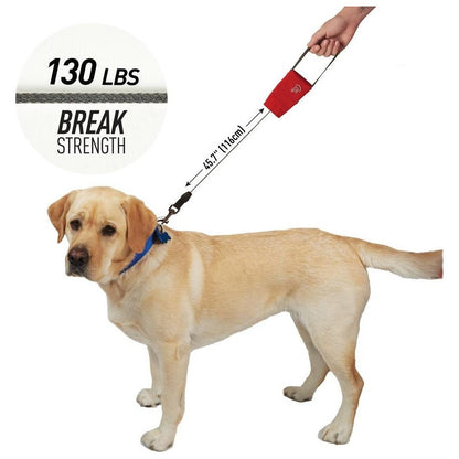 A side view of the Nite Ize RadDog Retractable Pocket Leash in Small showing the 130 lbs break strength and 45.7" length against a white background.