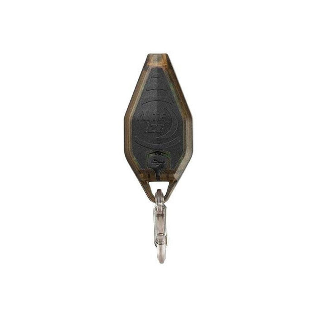 A front view of the Nite Ize Radiant Rechargeable Microlight in Coyote/WhiteLED with a metal carabiner, set against a plain white background.
