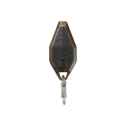 A front view of the Nite Ize Radiant Rechargeable Microlight in Coyote/WhiteLED with a metal carabiner, set against a plain white background.