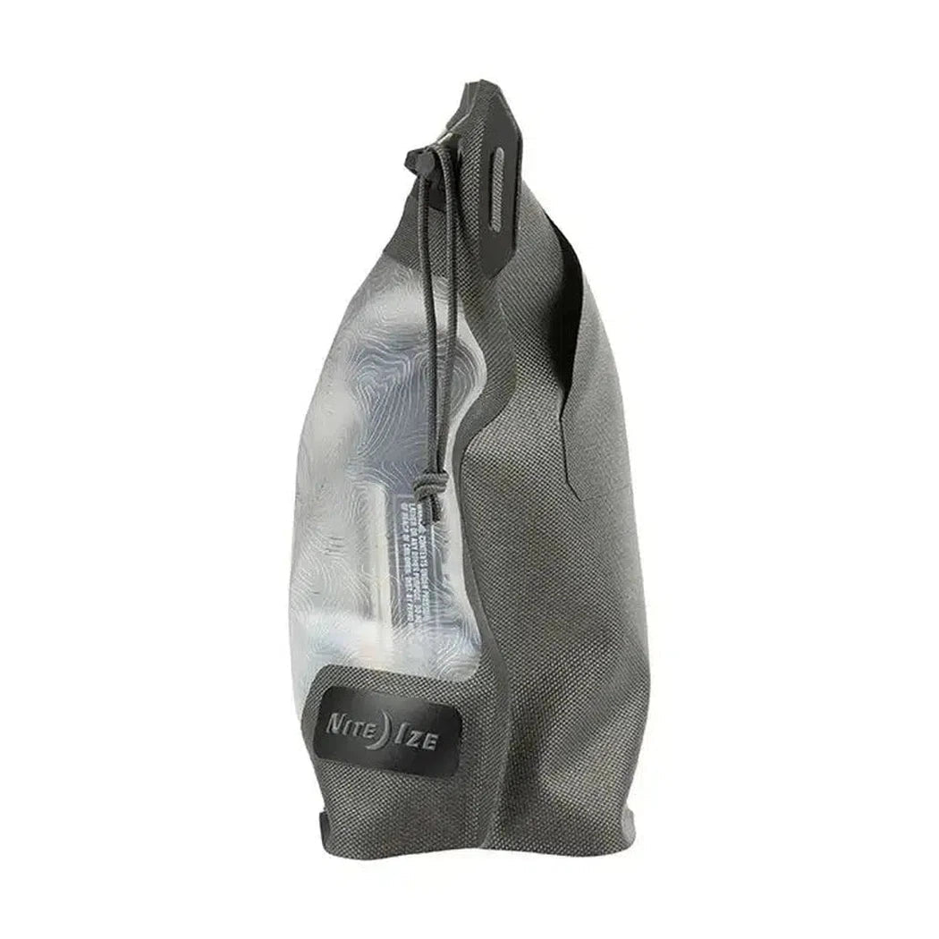 A front view of the Nite Ize RunOff Waterproof 3-3-1 Pouch in Charcoal/Graphite showing the drawstring closure and brand label against a white background.