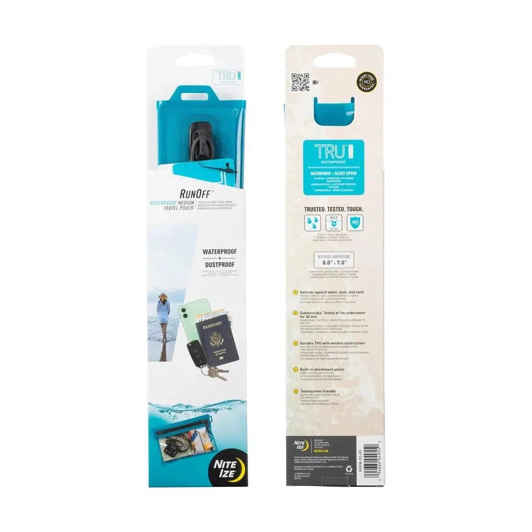 Front and back packaging of the blue Nite Ize RunOff waterproof travel pouch, showing a model with a passport and phone inside.