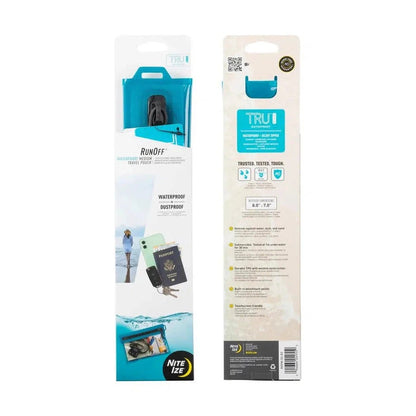 Front and back packaging of the blue Nite Ize RunOff waterproof travel pouch, showing a model with a passport and phone inside.